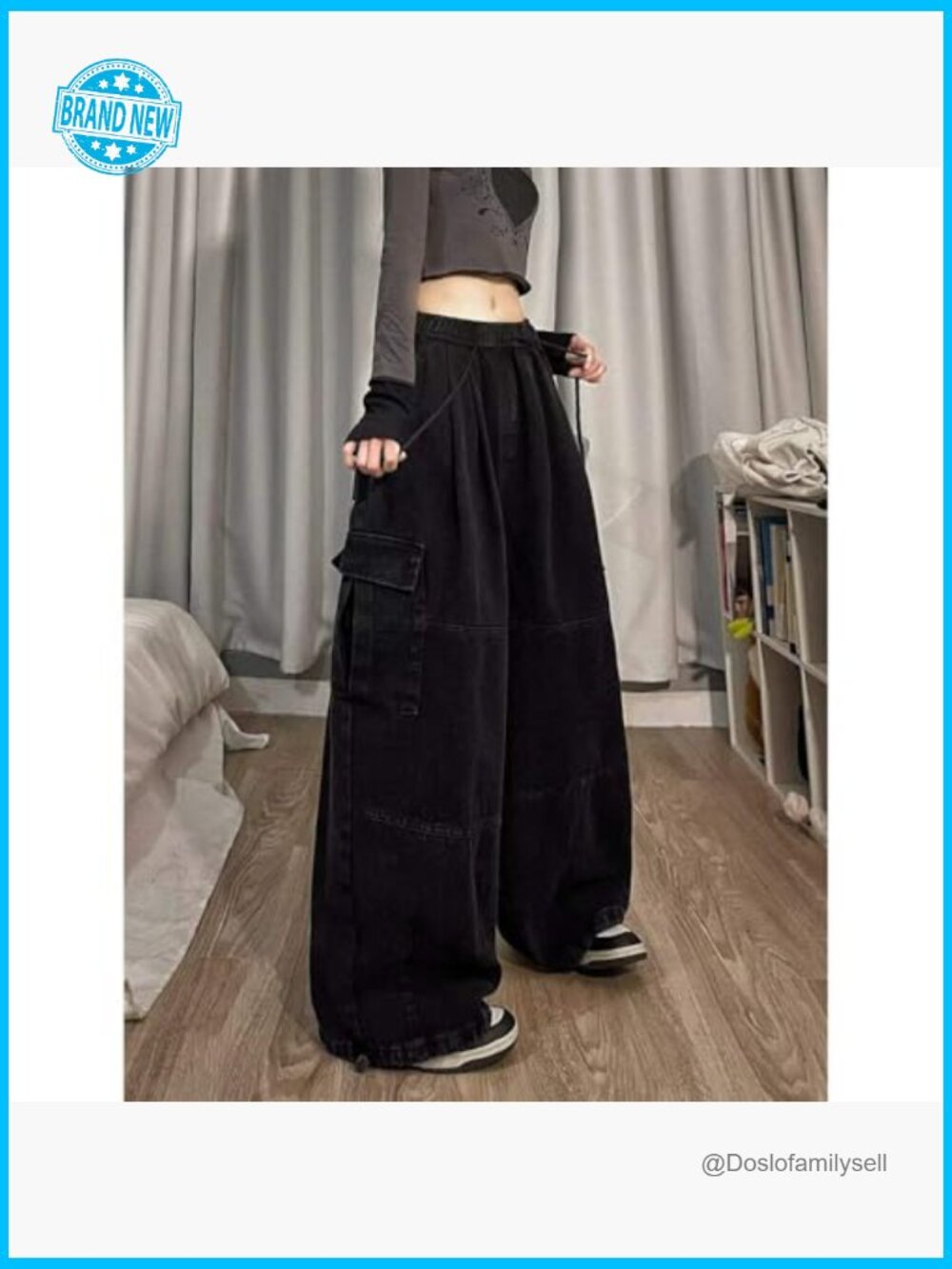 Baggy Cargo Pants Wide Leg Sweatpants Y2k Drawstring High Waisted Trendy - Picture 5 of 5